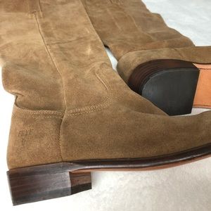 Frye below-the-knee, slouchy tan suede boots